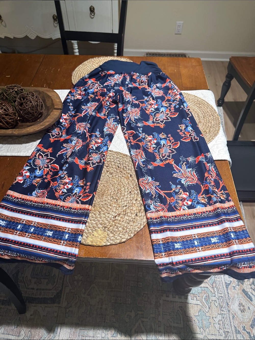 new directions Navy Wide-Leg Floral Border Print Pants